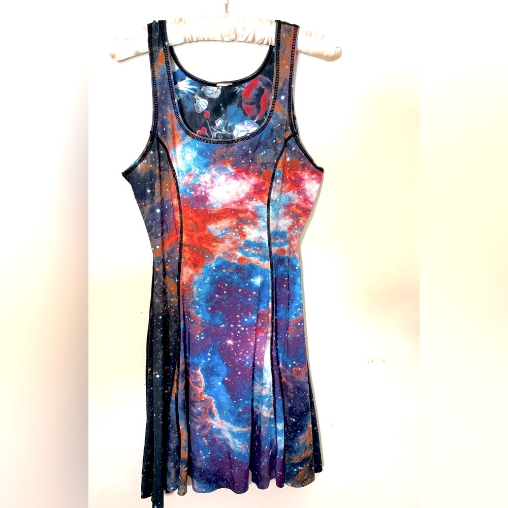 Women's Fun Reversible Galaxy and Flower Digital Printed Midi Skater Dress